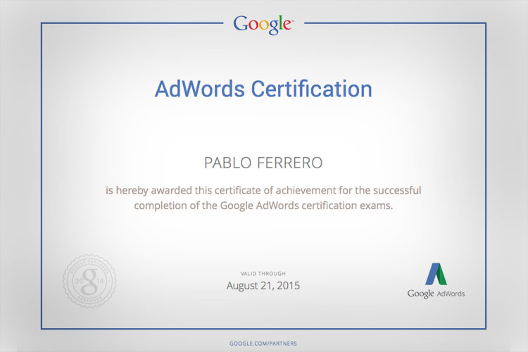 Google Certified Partner diploma for Pablo Ferrero
